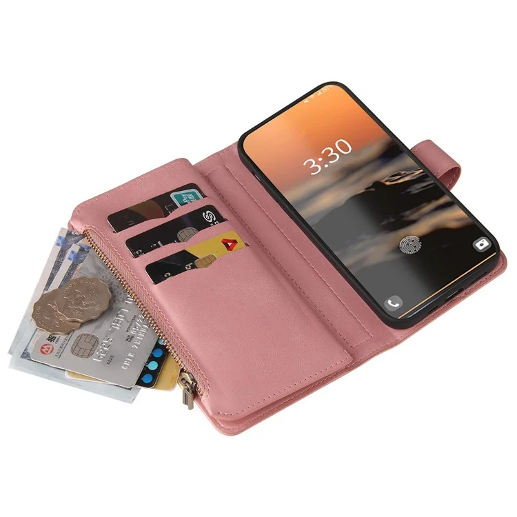 Pour Samsung Galaxy S23 Ultra KT Multi-Functional Series-2 Scratch Resistant Phone Shell, Multiple Card Slots Skin-touch Feeling Stand Wallet Flip Leather Case with Zipper Pocket - Pink