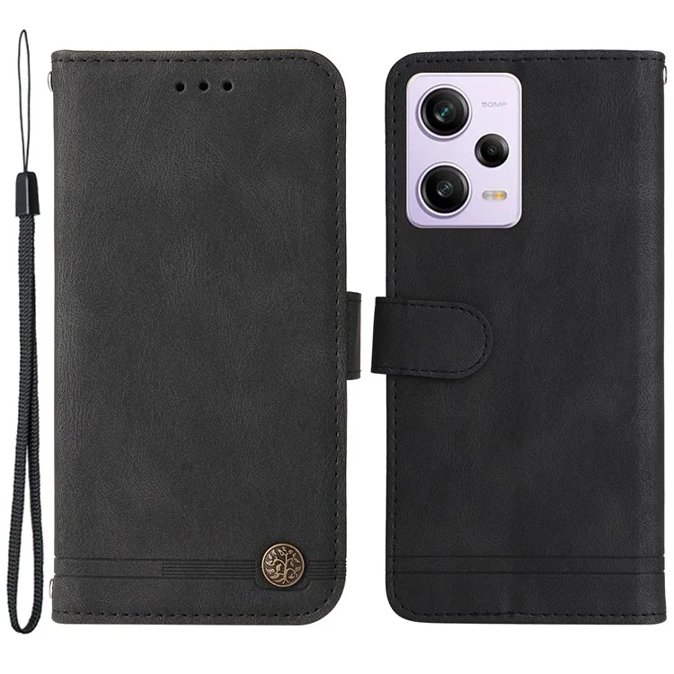 For Xiaomi Redmi Note 12 Pro+ 5G Skin-touch PU Leather Imprinted Lines Phone Cover Wallet Stand Tree Pattern Metal Button Magnetic Protective Case with Strap - Black