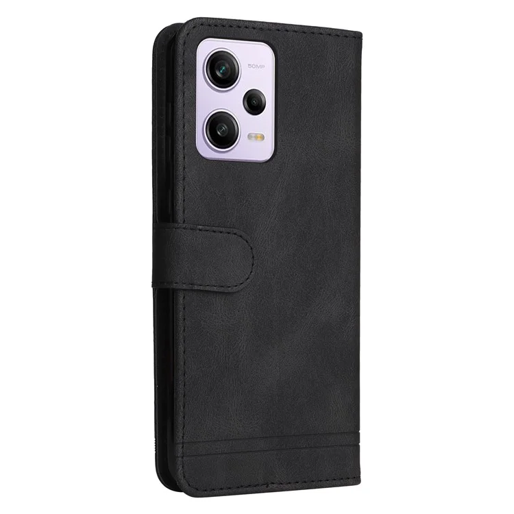 For Xiaomi Redmi Note 12 Pro+ 5G Skin-touch PU Leather Imprinted Lines Phone Cover Wallet Stand Tree Pattern Metal Button Magnetic Protective Case with Strap - Black