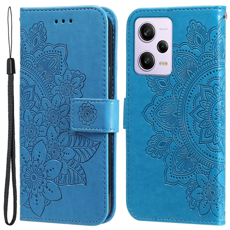 For Xiaomi Redmi Note 12 Pro+ 5G Flower Imprinting PU Leather Case Magnetic Clasp Stand Wallet Shockproof Phone Cover with Strap - Blue