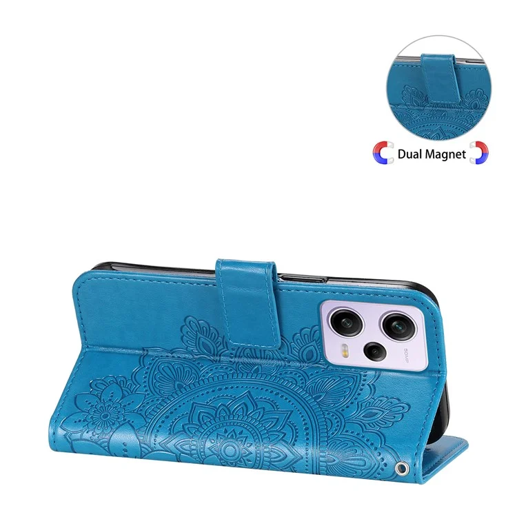 For Xiaomi Redmi Note 12 Pro+ 5G Flower Imprinting PU Leather Case Magnetic Clasp Stand Wallet Shockproof Phone Cover with Strap - Blue