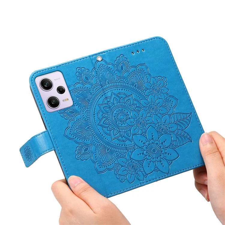 For Xiaomi Redmi Note 12 Pro+ 5G Flower Imprinting PU Leather Case Magnetic Clasp Stand Wallet Shockproof Phone Cover with Strap - Blue