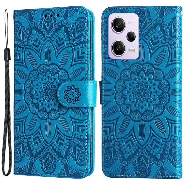 For Xiaomi Redmi Note 12 Pro+ 5G PU Leather Sunflower Imprinted Phone Case Magnetic Closure Hands-free Stand Flip Cover with Wrist Strap - Blue