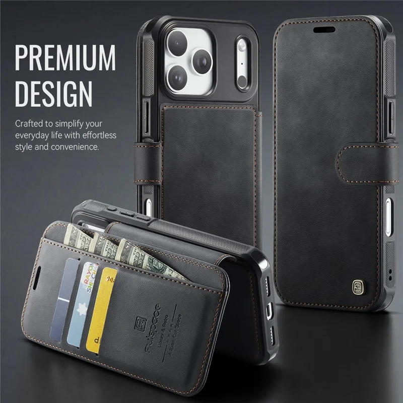 AUTSPACE A15 For iPhone 17 Pro Max Case RFID Blocking Wallet Leather Magnetic Phone Cover - Black