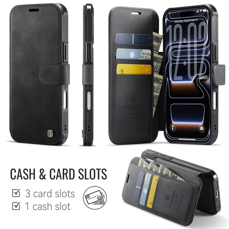 AUTSPACE A15 For iPhone 17 Pro Max Case RFID Blocking Wallet Leather Magnetic Phone Cover - Black