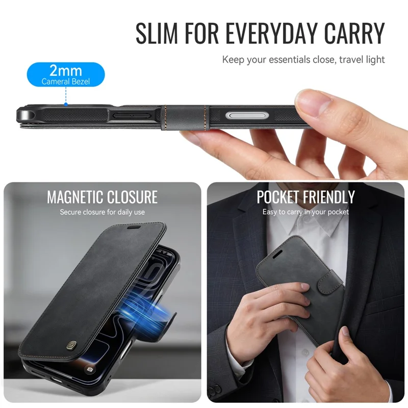 AUTSPACE A15 For iPhone 17 Pro Max Case RFID Blocking Wallet Leather Magnetic Phone Cover - Black