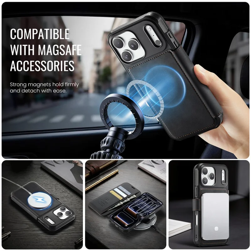 AUTSPACE A15 For iPhone 17 Pro Max Case RFID Blocking Wallet Leather Magnetic Phone Cover - Black