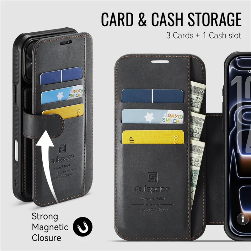 AUTSPACE A15 For iPhone 17 Pro Max Case RFID Blocking Wallet Leather Magnetic Phone Cover - Black