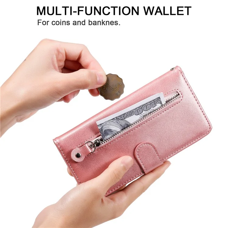 Phone Stand Case for Xiaomi Redmi Note 12 Pro+ 5G Calf Texture PU Leather Zipper Pocket Flip Wallet Cover - Rose Gold