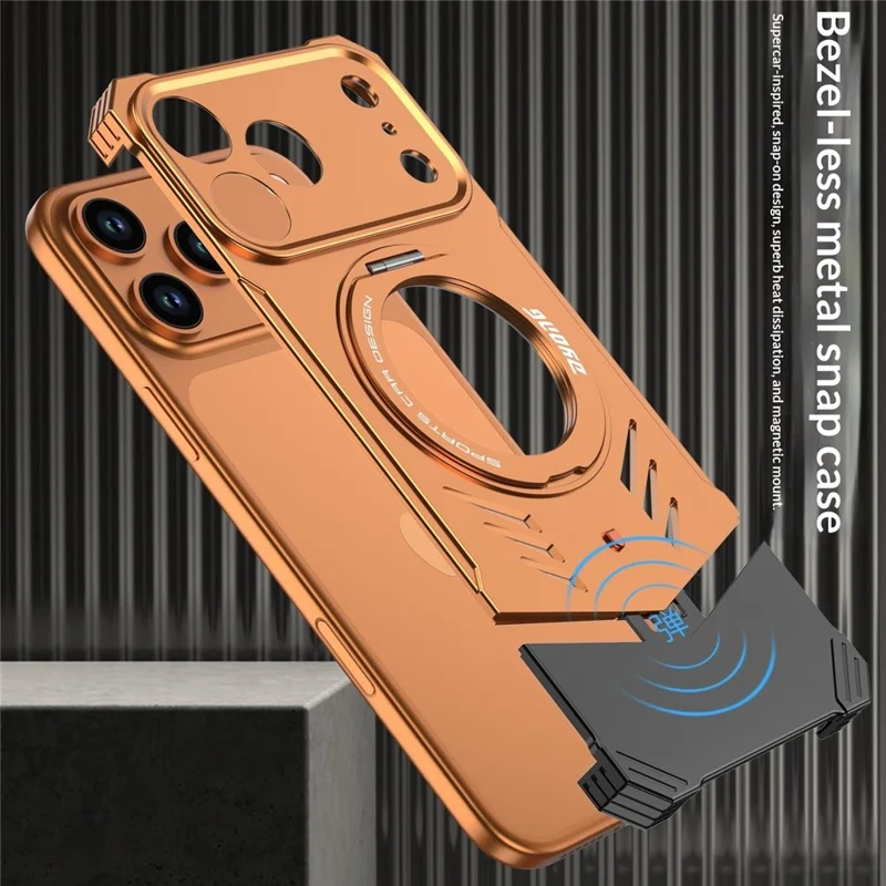 DYONG لهاتف iPhone 17 Pro Max غطاء معدني بدون إطار، تصميم مجوف مع تبريد محسن وتغطية هاتف بحامل قابل للطي - برتقالي