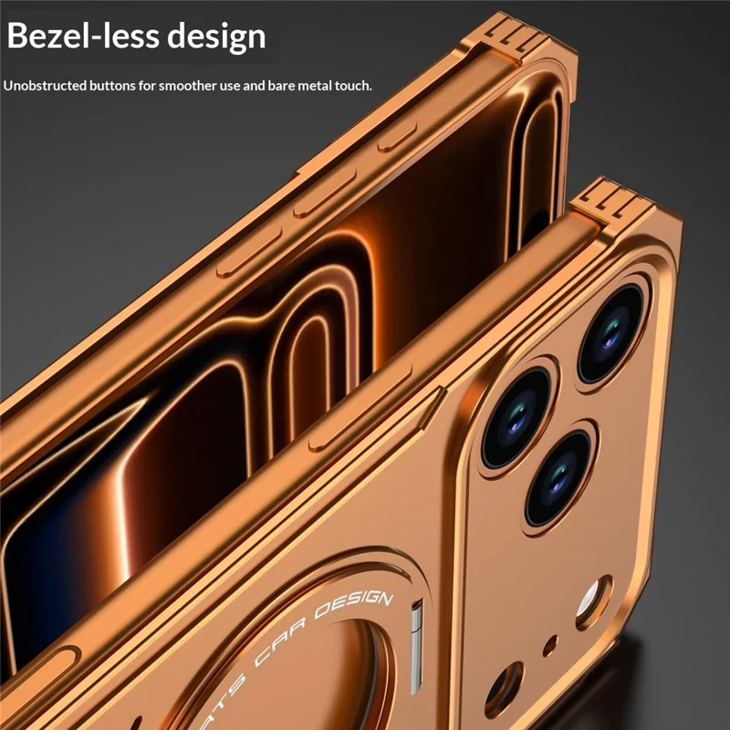 DYONG لهاتف iPhone 17 Pro Max غطاء معدني بدون إطار، تصميم مجوف مع تبريد محسن وتغطية هاتف بحامل قابل للطي - برتقالي
