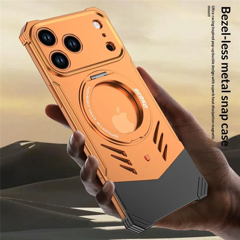 DYONG لهاتف iPhone 17 Pro Max غطاء معدني بدون إطار، تصميم مجوف مع تبريد محسن وتغطية هاتف بحامل قابل للطي - برتقالي