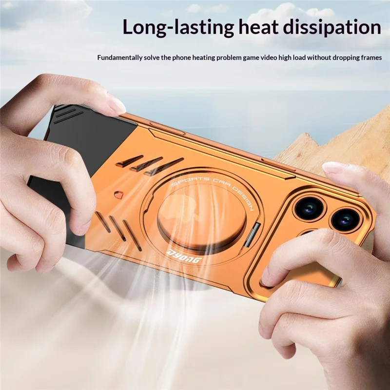 DYONG لهاتف iPhone 17 Pro Max غطاء معدني بدون إطار، تصميم مجوف مع تبريد محسن وتغطية هاتف بحامل قابل للطي - برتقالي