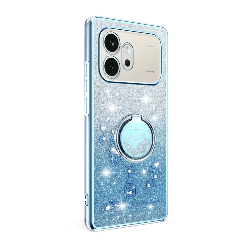 KADEM For Honor 600 5G Phone Case Ring Kickstand TPU Flowers Phone Cover Gradient Glitter - Blue