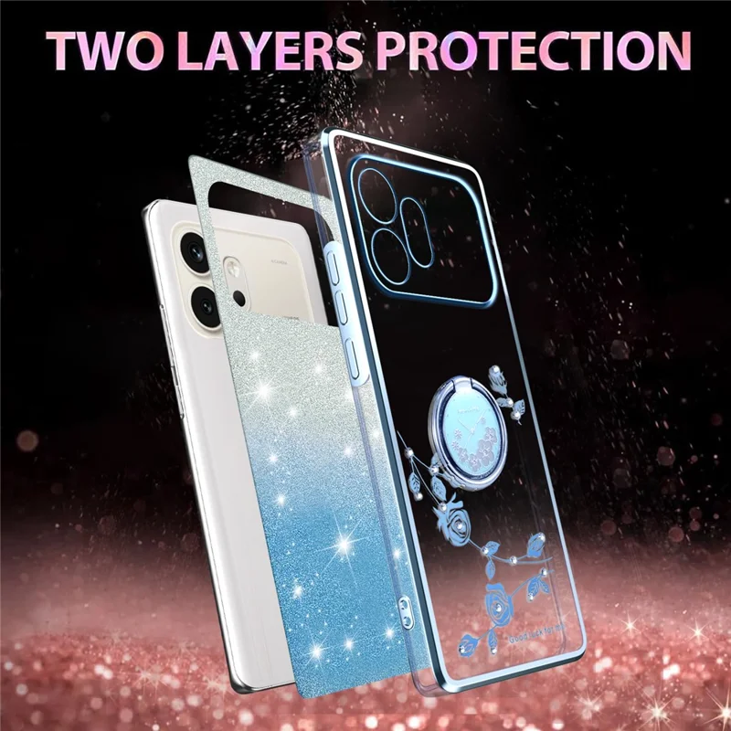 KADEM For Honor 600 5G Phone Case Ring Kickstand TPU Flowers Phone Cover Gradient Glitter - Blue