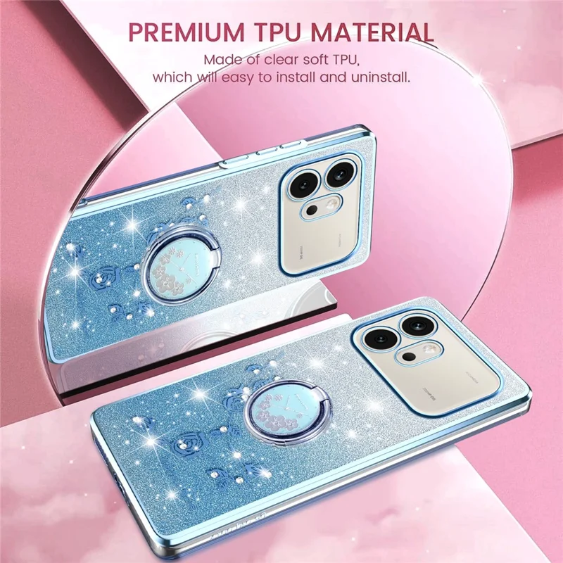 KADEM For Honor 600 5G Phone Case Ring Kickstand TPU Flowers Phone Cover Gradient Glitter - Blue