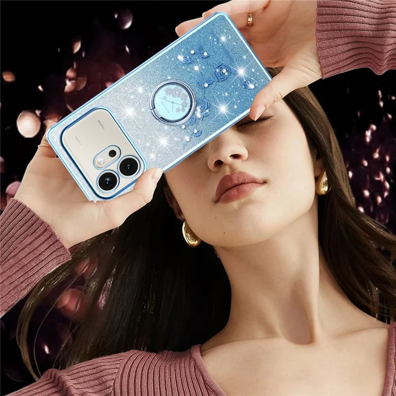 KADEM For Honor 600 5G Phone Case Ring Kickstand TPU Flowers Phone Cover Gradient Glitter - Blue