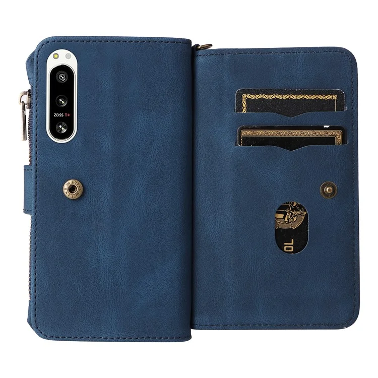 Pour Sony Xperia 5 IV 5G KT KT Multifonctionnelle Série 2 Skin-touch Feeling Adjustable Stand Portefeuille Flip Leather Case Avec Plusieurs Emplacements de Cartes Pocket - Bleu