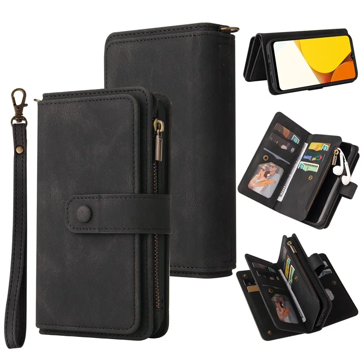 For vivo Y35 / Y22 4G / Y22s 4G Zipper Wallet Case with 15 Card Slots and Strap Leather Phone Cover - Black