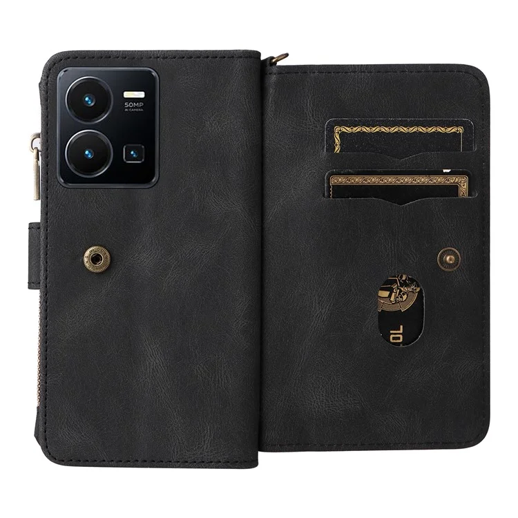 For vivo Y35 / Y22 4G / Y22s 4G Zipper Wallet Case with 15 Card Slots and Strap Leather Phone Cover - Black