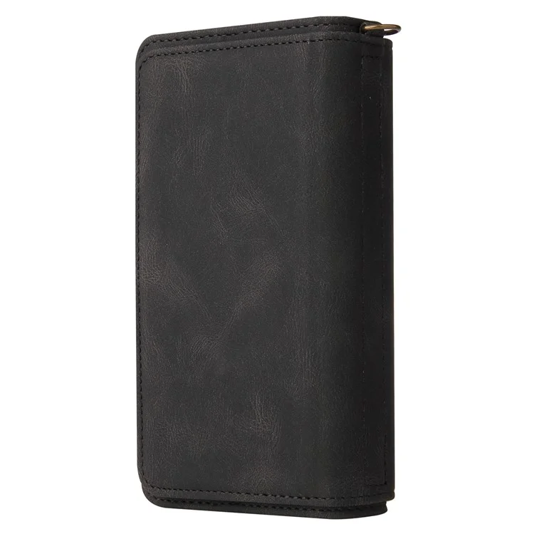 For vivo Y35 / Y22 4G / Y22s 4G Zipper Wallet Case with 15 Card Slots and Strap Leather Phone Cover - Black
