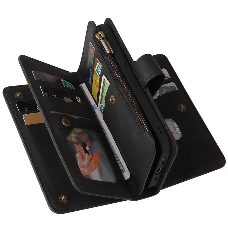 For vivo Y35 / Y22 4G / Y22s 4G Zipper Wallet Case with 15 Card Slots and Strap Leather Phone Cover - Black