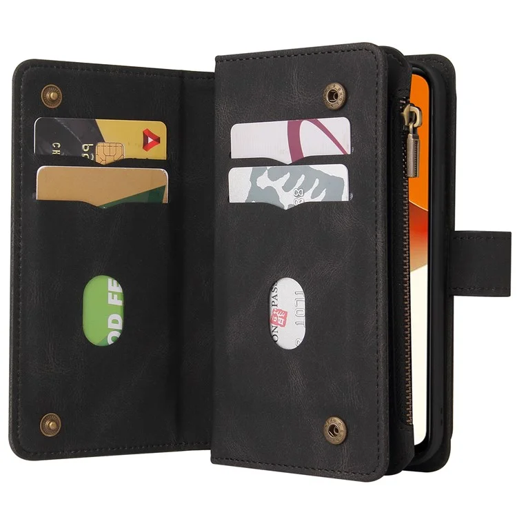 For vivo Y35 / Y22 4G / Y22s 4G Zipper Wallet Case with 15 Card Slots and Strap Leather Phone Cover - Black
