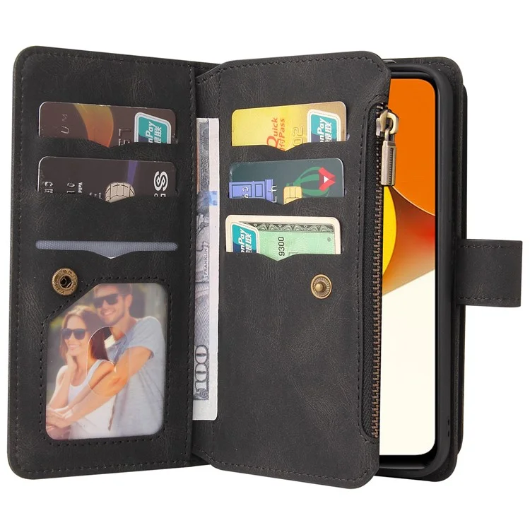 For vivo Y35 / Y22 4G / Y22s 4G Zipper Wallet Case with 15 Card Slots and Strap Leather Phone Cover - Black