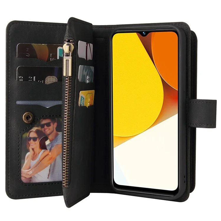 For vivo Y35 / Y22 4G / Y22s 4G Zipper Wallet Case with 15 Card Slots and Strap Leather Phone Cover - Black
