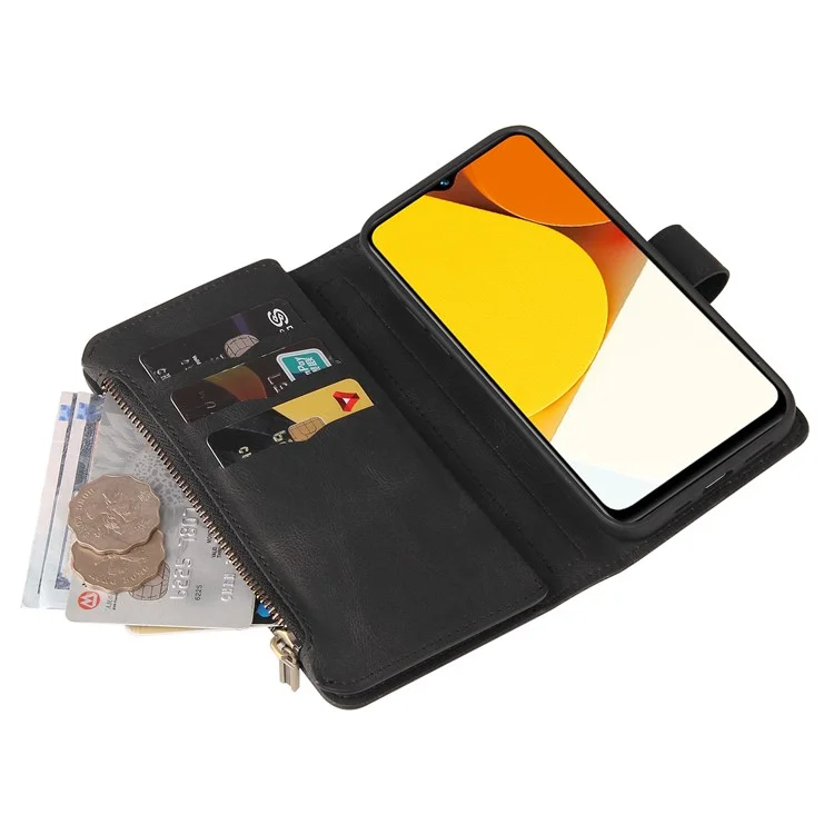 For vivo Y35 / Y22 4G / Y22s 4G Zipper Wallet Case with 15 Card Slots and Strap Leather Phone Cover - Black