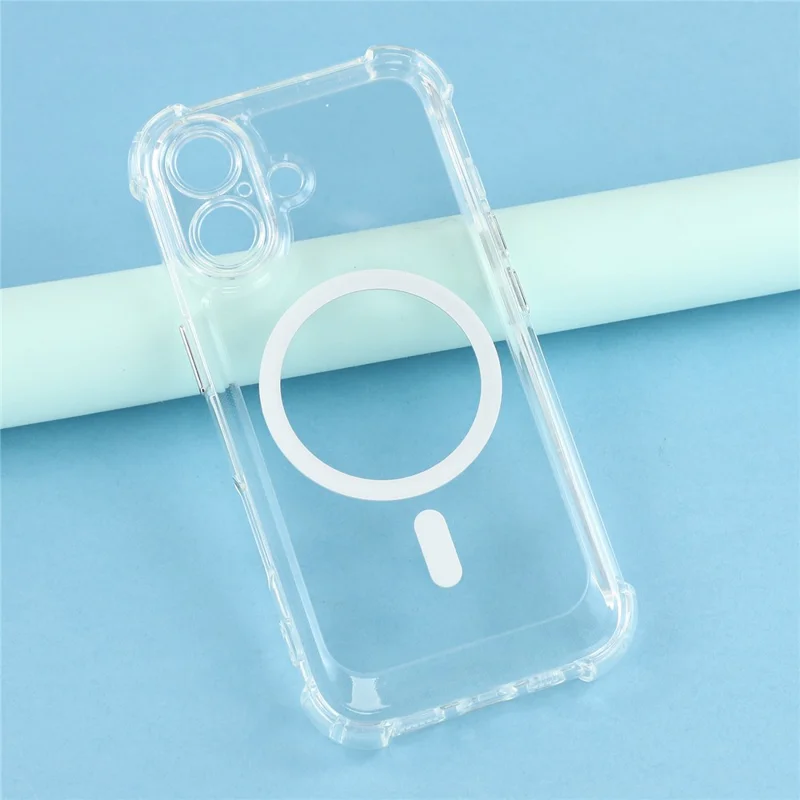 For iPhone 16 Magnetic Case Electroplated Buttons PC TPU Shockproof Clear Cover - Transparent