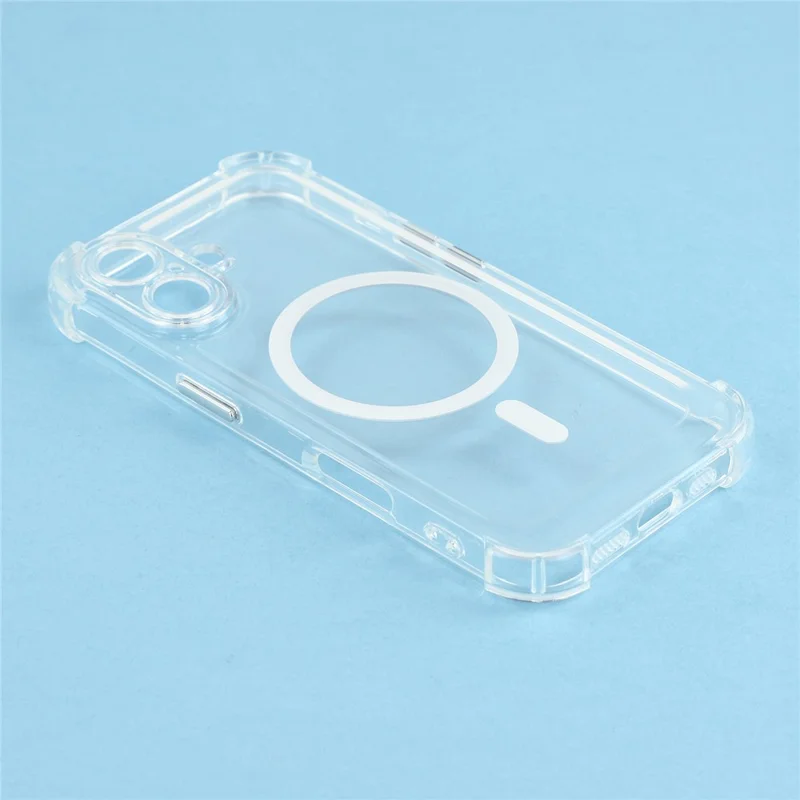 For iPhone 16 Magnetic Case Electroplated Buttons PC TPU Shockproof Clear Cover - Transparent
