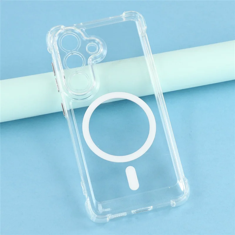 For Samsung Galaxy S25 FE Magnetic Case Electroplated Buttons PC TPU Shockproof Clear Cover - Transparent