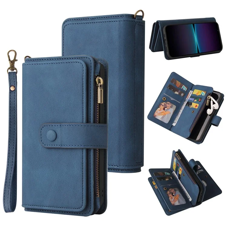 Para Sony Xperia 1 IV 5G KT Multi-Functional Series-2 Skin-touch Feeling Viewing Stand Wallet Flip Leather Case with Multiple Card Slots Zipper Pocket - Azul