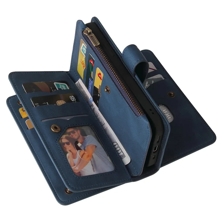 Para Sony Xperia 1 IV 5G KT Multi-Functional Series-2 Skin-touch Feeling Viewing Stand Wallet Flip Leather Case with Multiple Card Slots Zipper Pocket - Azul