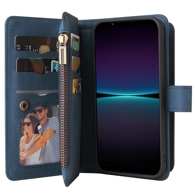 Para Sony Xperia 1 IV 5G KT Multi-Functional Series-2 Skin-touch Feeling Viewing Stand Wallet Flip Leather Case with Multiple Card Slots Zipper Pocket - Azul