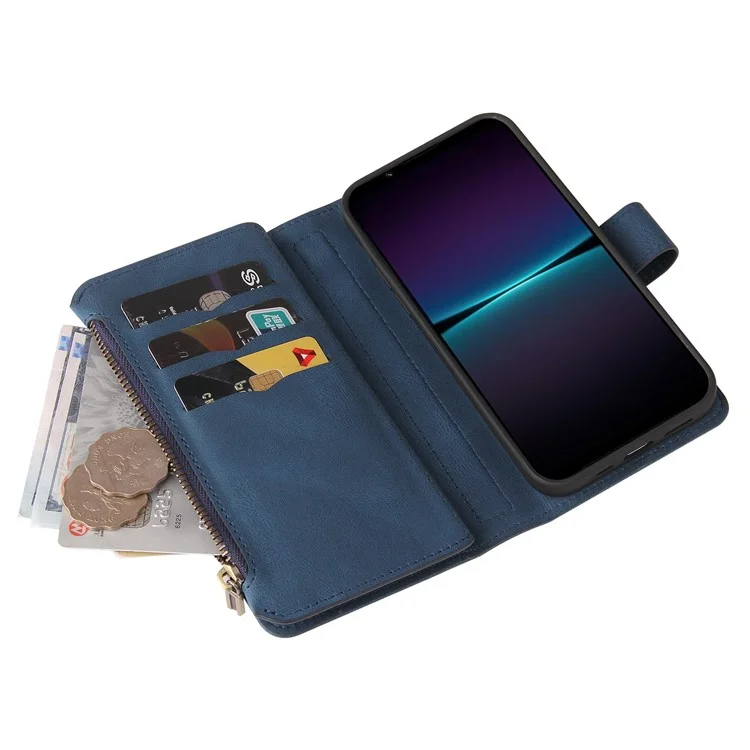 Para Sony Xperia 1 IV 5G KT Multi-Functional Series-2 Skin-touch Feeling Viewing Stand Wallet Flip Leather Case with Multiple Card Slots Zipper Pocket - Azul