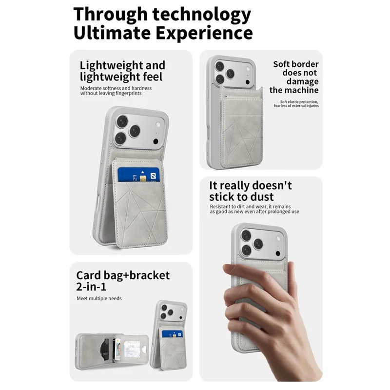 För iPhone 17 Pro-skalsmultikortplatsar med ställfot i läder + PC + TPU chockabsorberande mobilskal - Grå