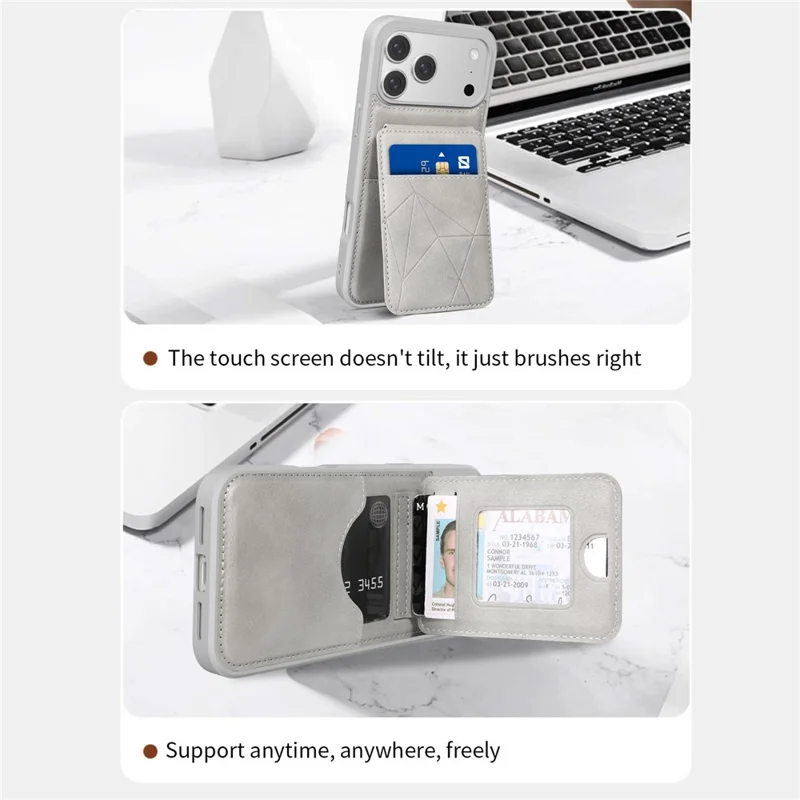 För iPhone 17 Pro-skalsmultikortplatsar med ställfot i läder + PC + TPU chockabsorberande mobilskal - Grå
