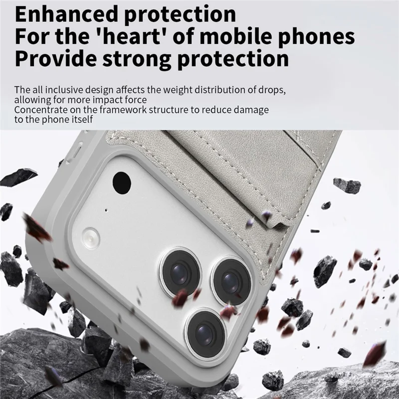 For iPhone 17 Pro Max Case Multi-Card Slots Kickstand Leather + PC + TPU Shockproof Phone Cover - Grey