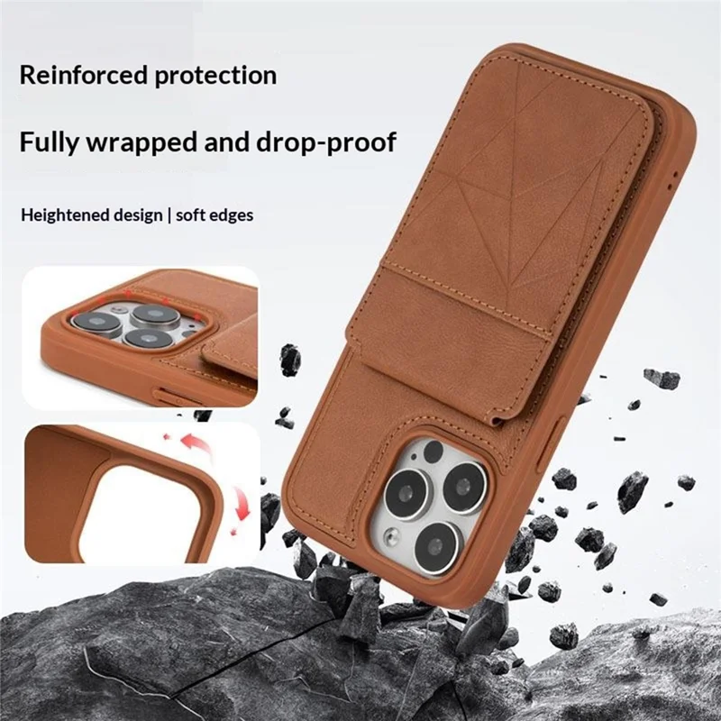 For iPhone 16 Pro Max Case Multi-Card Slots Kickstand Leather + TPU Shockproof Phone Cover - Brown