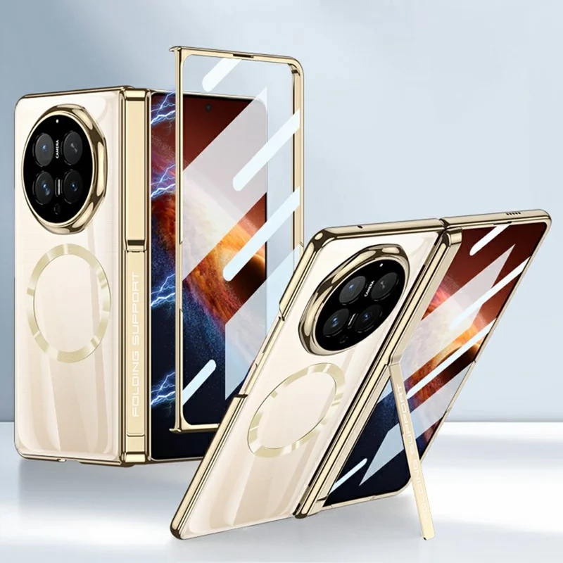 GKK For Honor Magic V6 5G Magnetic Case Kickstand PC Phone Cover with HD Rear Screen Protector - Champagne Gold