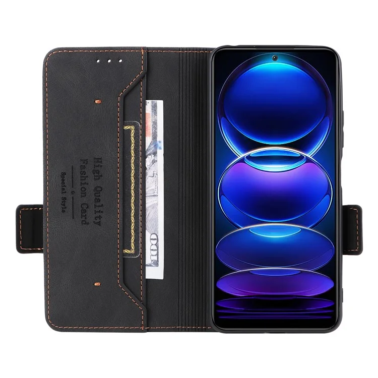 Case de Teléfono de Decoración de Hardware Para Xiaomi Redmi Note 12 5G, Dual Magnetic Clap PU Leather Anti-drop Willet Stand Telephip Cover - Negro