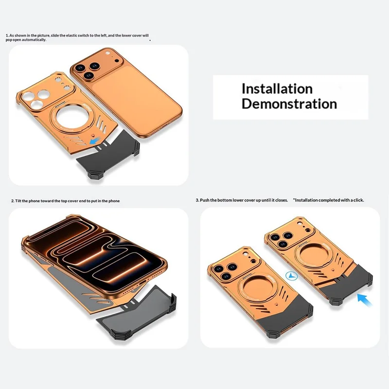 DYONG For iPhone 17 Pro Metal Case Frameless Hollow Heat Dissipation Phone Cover with Kickstand - Orange
