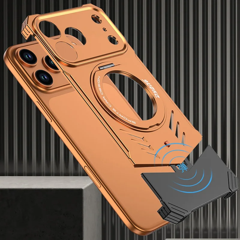DYONG For iPhone 17 Pro Metal Case Frameless Hollow Heat Dissipation Phone Cover with Kickstand - Orange