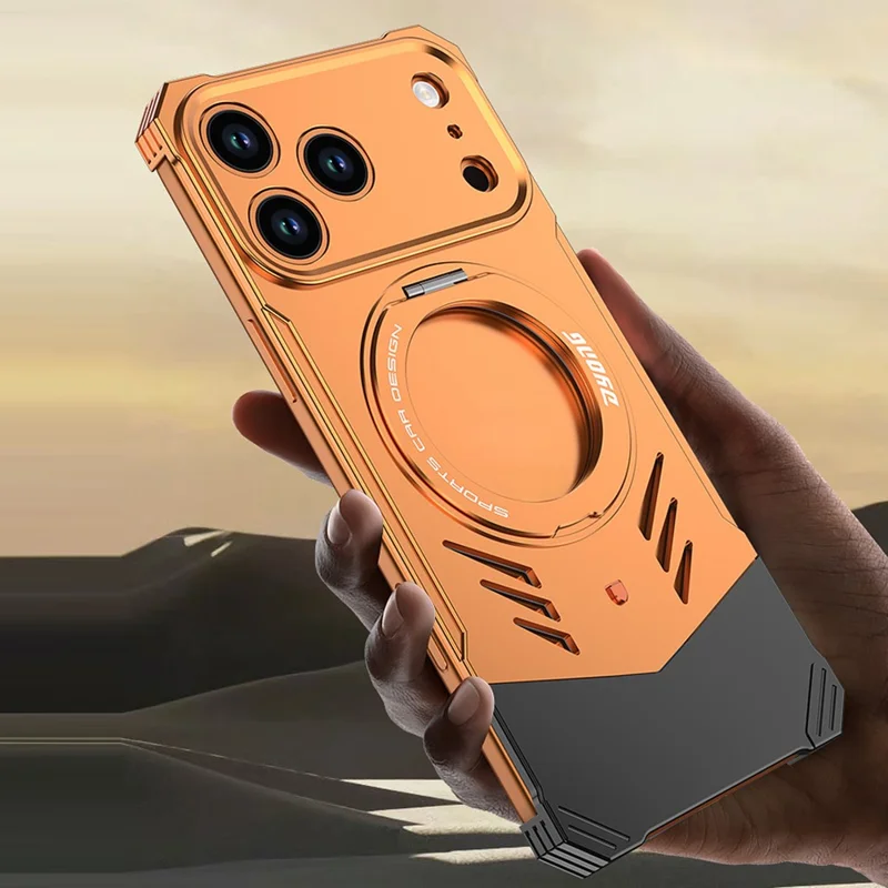 DYONG For iPhone 17 Pro Metal Case Frameless Hollow Heat Dissipation Phone Cover with Kickstand - Orange