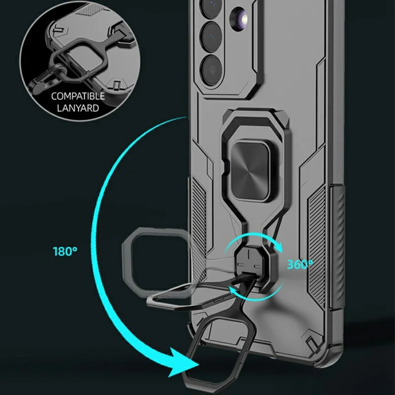 For Samsung Galaxy A27 Case Rotatable Ring Kickstand PC + TPU Shockproof Phone Cover - Black