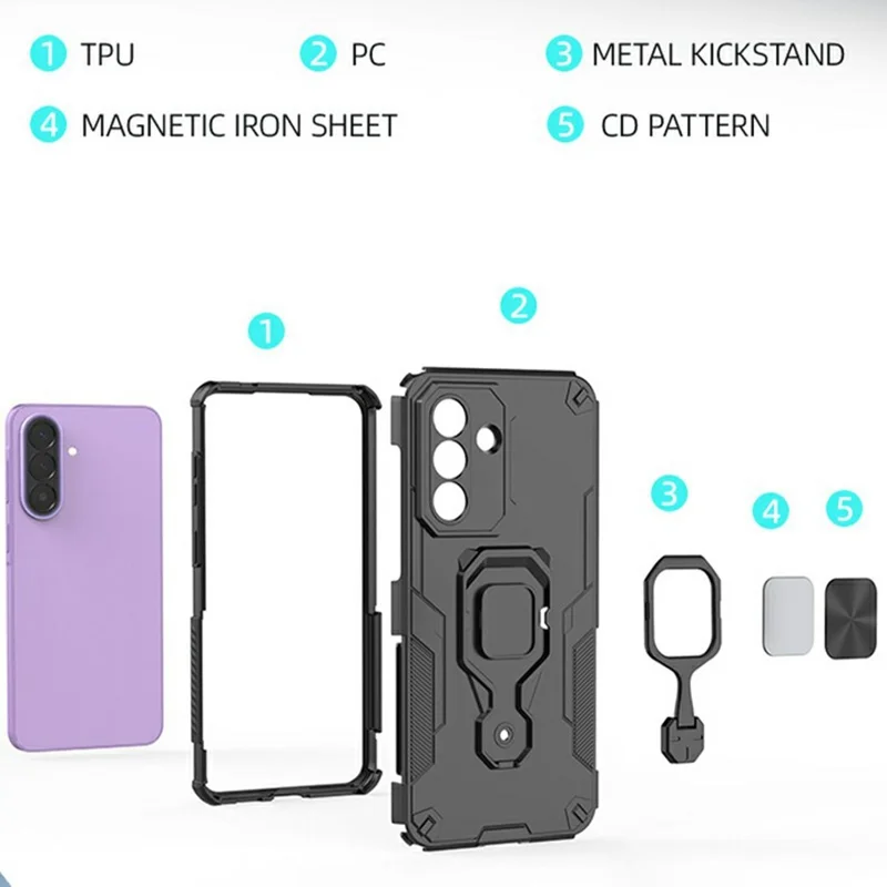 For Samsung Galaxy A27 Case Rotatable Ring Kickstand PC + TPU Shockproof Phone Cover - Black
