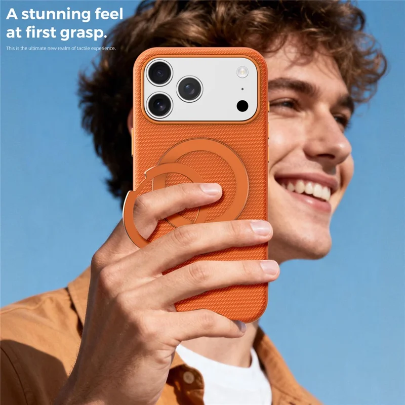 Чехол для iPhone 17 Pro Max с магнитной вращающейся подставкой из технической ткани, защитный чехол из ТПУ - Оранжевый