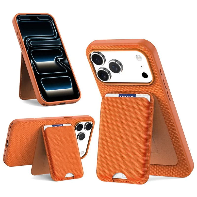 För iPhone 17 Pro Max Magnetisk Skal Tech Tyg + TPU Kortficka Ställfot Mobilskal - Orange